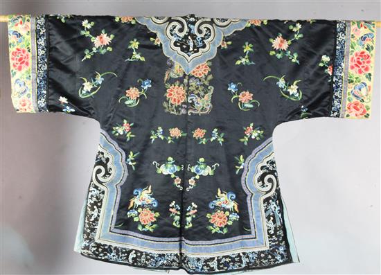 A Chinese black satin robe, 19th century, some wear